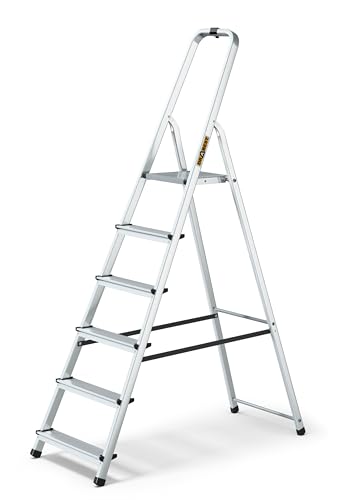 DRABEST Trittleiter Klappbar Alu Leiter 6 Stufen Stehleiter Haushaltsleiter Belastbar bis 125 kg Mehrzweckleiter kostenloser Haken