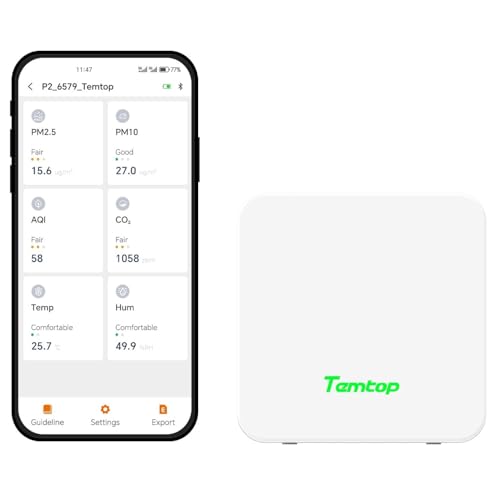 Image of Temtop P2 Air Quality Monitor - CO2, PM2.5, PM10 Detector with Real-Time AQI, Temperature & Humidity Sensor, Bluetooth App for Home, Office, Car & Travel Use