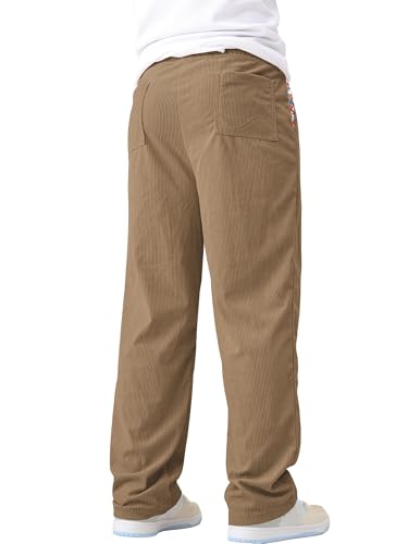 Mens Casual Corduroy Pants Lightweight Elastic Waist Drawstring Pants Straight Baggy Pants with Pockets3