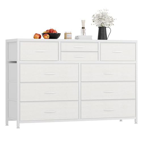 Jojoka Wide 10 Drawer Dresser,TV Stand Entertainment Center Fabric Storage Dressers Drawers for Bedroom, Hallway, Nursery, Closets, Steel Frame, Wood Top (White)
