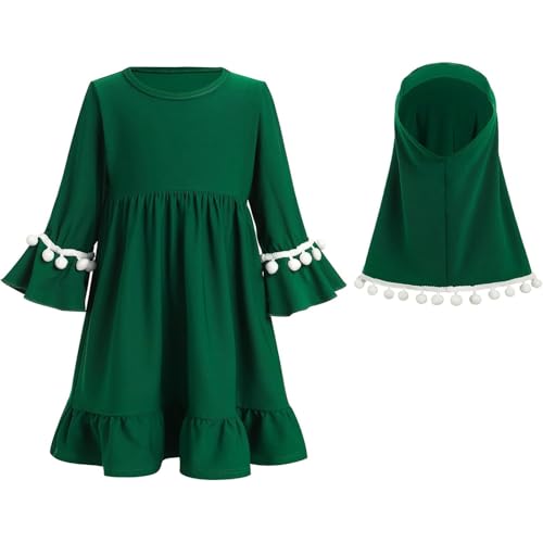 Robe de prière musulmane pour fille avec hijab en coton vert pour enfant 5-6 ans