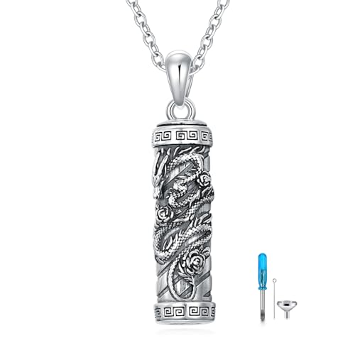 925 Sterling Silver Dragon Phoenix Urn Necklaces for Ashes Cylinder Container Cremation Jewelry Memorial Necklace Jewelry Gifts(with Gift Box)