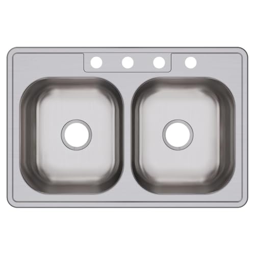 Image of Elkay Dayton 33 In. x 22 In. x 8-1 /16 In. Equal Double Bowl Drop-In Kitchen Sink, Stainless Steel - 1 Each