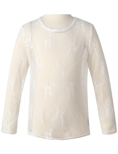 Noomelfish Girls Lace Long Sleeve Layering Tops Sheer Mesh Tee Shirts Blouse (5-12 Years)3