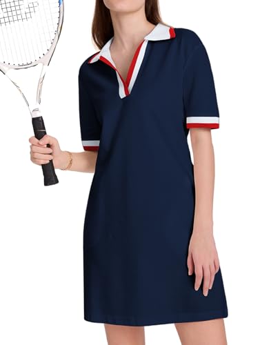 Image of WOWULOVELY Polo Dress for Women V Neck Casual Short Sleeve Mini Shirt Dress Flowy Contrast Color Golf Tennis A Line Dresses