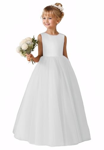 Tulle Flower Girl Bridesmaid Dress with Bowknot Satin First Communion Dress for Kids Long Pageant Prom Gowns for Girls