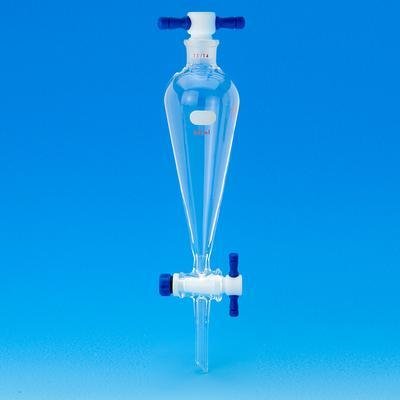 7228-60 Separatory Funnel, Squibb, Pear Shaped, 1: 5 PTFE Plug, PTFE Stopcock, PTFE Stopper, 30 mL Capacity, 1 mL