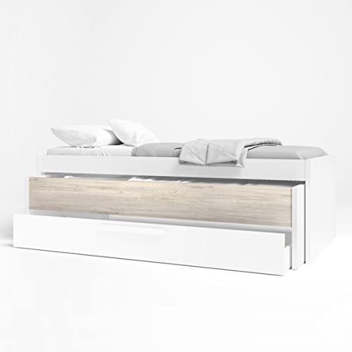 Homely   Cama Juvenil compacta de diseño Moderno con Doble Cama y cajón Estelle, Tablero de partículas melaminizado, Color Sahara y Blanco Mate, de 212x98x62 cm
