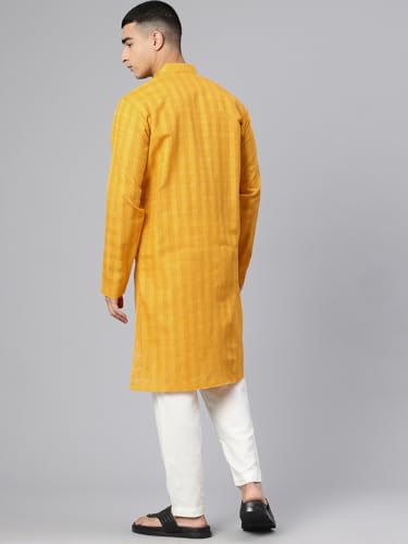 Image of Majestic Man Men's Pure Cotton Textured Check Mandarin Collar Long Kurta