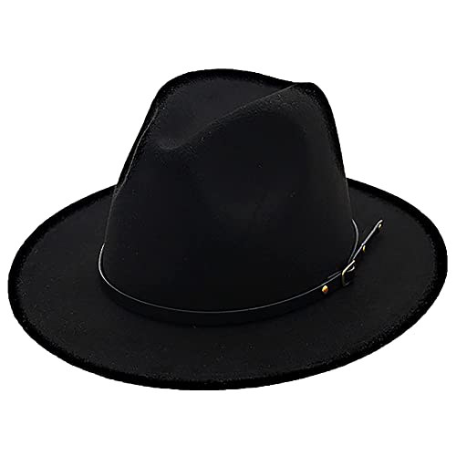 Utowo Classic Black-Felt-Fedora-Hats-For-Women, Wide-Brim-Wool-Rancher-Panama Jazz Hat With Belt-Buckle #TOP6