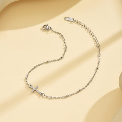 Image of NONAMOIS Ankle Bracelets for Women Dainty 18K Gold Plated Anklet Waterproof Round Beaded Paperclip Herringbone Pearl Chain Anklets Waterproof Beach Foot Jewelry
