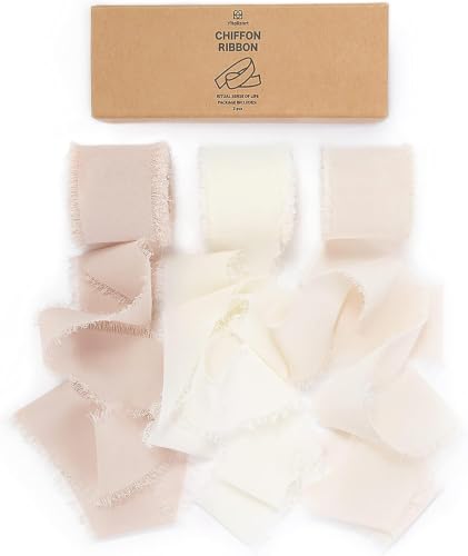 Vitalizart White Handmade Chiffon Silk Ribbon Fringe 1.5" x 21 Yd Nude & Ivory Frayed Edges Ribbons for Wedding Invitations Bridal Bouquets Gifts Wrapping Crafts Holiday Party Decorations