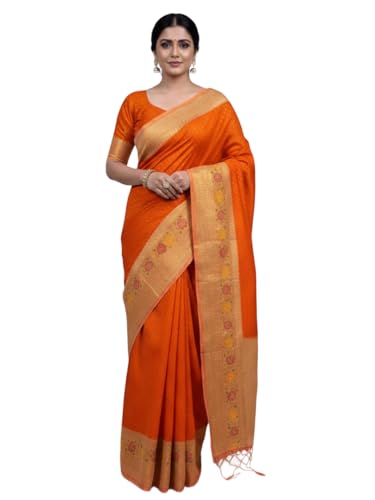 Image of Kanjivaram Silk Saree for Women - Handloom Floral Weaving, Contrast Border, Heavy Gold Zari Rich Pallu, Traditional Designer Wedding & Festive Saree with Blouse Piece