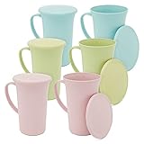 Wheat Straw Mugs with Handle, Set of 6 Unbreakable Coffee Cups with Lids (3 Colors, 15 oz)