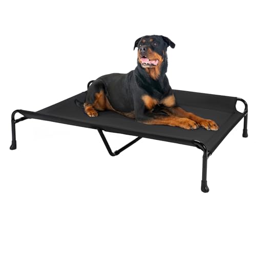 Veehoo Cooling Elevated Dog Bed - Raised for Large Dogs, Outdoor With Guardrail, Upgraded Non-Slip Feet, Breathable Teslin Mesh, Portable Camping Cot, 47 x 29 Inches, Black