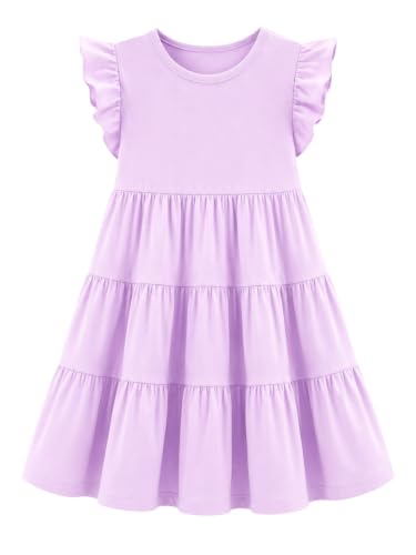 Image of HILEELANG Girls Cotton Tiered Dress Flutter Ruffle Sleeve Summer Swing Sundress Birthday Party Casual Outfit Colorblock 2-12Y