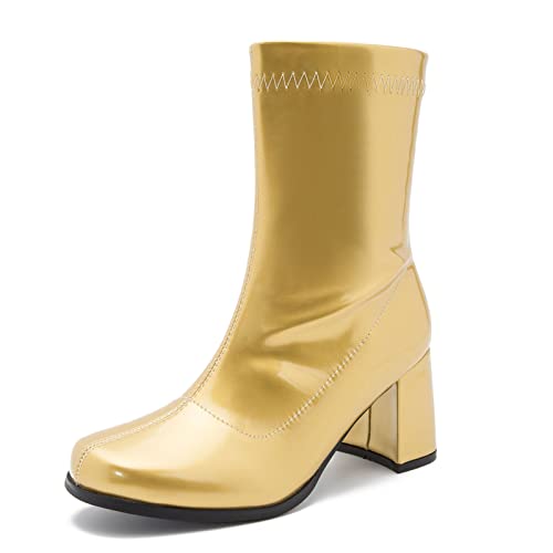 LIURUIJIA Women's Mid Calf Gogo Boots Block Heel Square Toe Boot Gold 11 by LIURUIJIA - Used condition - US$39.83
