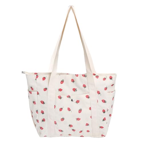 LOLANIUT Bolso de pana para mujer con diseño de fresa, bonito bolso de mano de fresa, bolso bandolera, bolso tote para mujer de tela para el día a día y la compra, bolso grande de pana para el ocio y