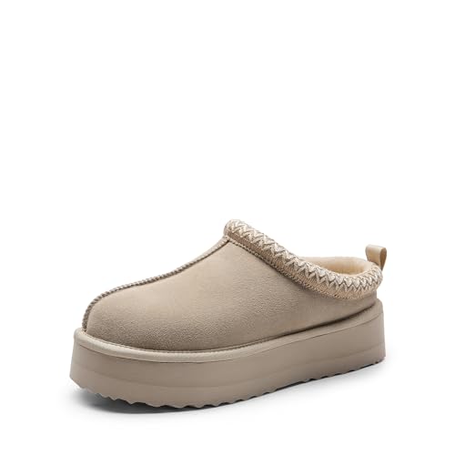 DREAM PAIRS Women's Slippers for Women Genuine Suede Platform Slip-on Warm Slippers Winter Fluffy Warm Comfy Furry Shoes for Outdoor Indoor FuzzyEasy,Size 9,Sand