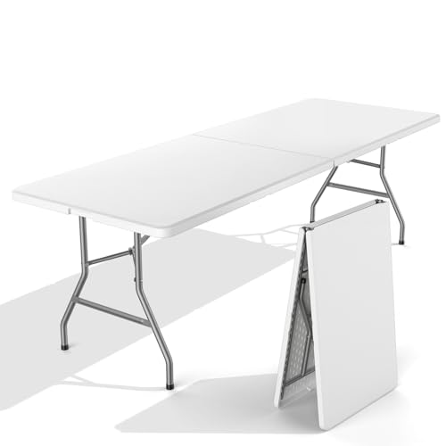 Sweetcrispy 8 FT Folding Picnic Table Easy to Fold and Store Foldable Table for Camping Picnic Dining Party Kitchen Outdoor Indoor with Carrying Handle