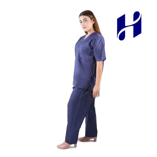 Image of Comfort Scrub Suit for Women - 5-Pocket Set with V Neck Top & Bottom, Half Sleeves, Breathable Fabric - Durable Uniform for Doctors, Nurses, and Dentists in Navy Blue (XL, NAVY BLUE)