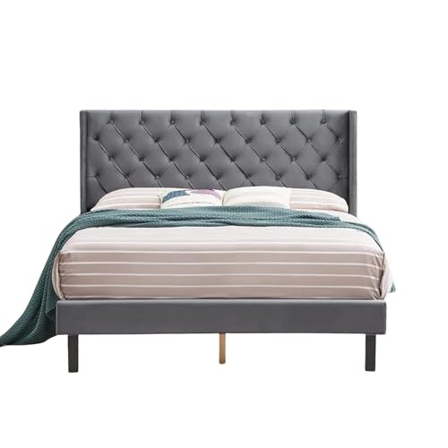 Image of Wooden Upholstered Bed King Size Without Storage | Wrought Iron King Size Cot with Headboard | Double Size Bed for Bedroom | Palang Furniture for Guest Room, Grey Finish-1, (Grey Finish-1)
