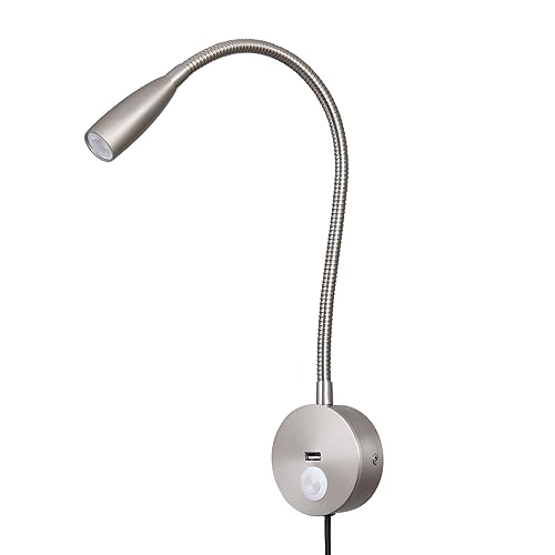 Image of LED Bedside Touch Dimmable Wall Mounted Reading Light - Night Light With USB Flexible Gooseneck - Brushed Nickel