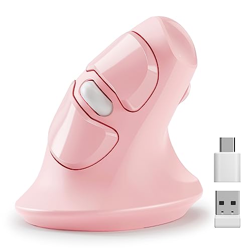 Image of MicroPack Ergonomic Vertical Wireless Mouse, Silent Cordless Office Mouse with USB-A & Type-C Receiver, 800 /1200 /1600 DPI, 6 Buttons, Reduces Wrist Strain for Work, Windows, Mac, PC & Laptop Pink