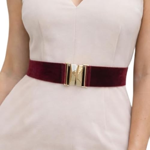 Burgundy Velvet Elastic Waist Belt Gold Clasp for Dresses Women
