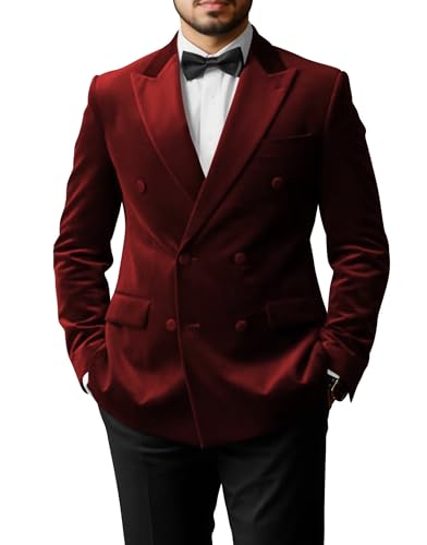 XDIELAN Mens WineRed Velvet Jacket Blazer Classic Men Big and Tall Prom Tuxedo Peak Lapel Double Breasted Wedding Dinner Party Tux Blazer with Bow Tie 4X-Large