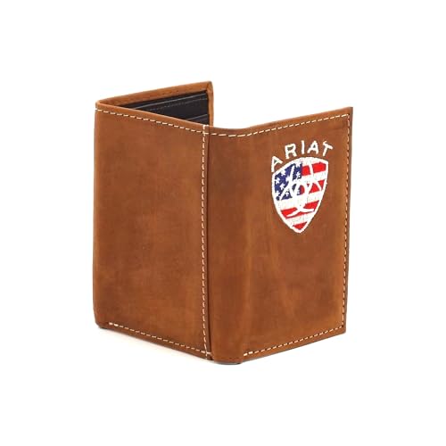 ARIAT Men's Leather Trifold Wallet with American Flag Shield Embroidery2