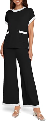 UEU Women 2 Piece Outfits Lounge Set Summer Short Sleeve Sweater Knit Tops Wide Leg Pants Matching Loungewear Set
