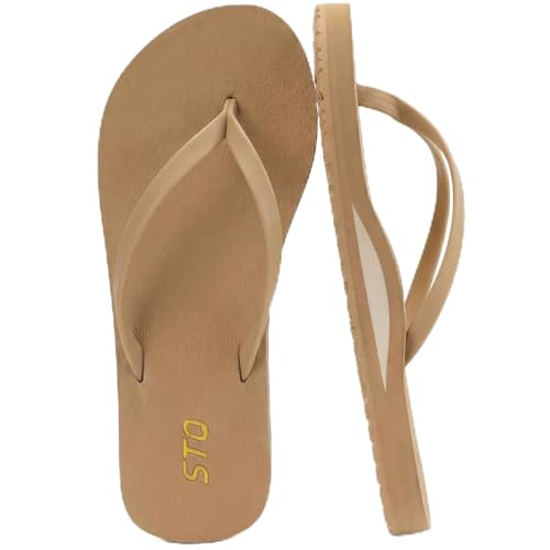 STQ Arch Support Flip Flops for Women Orthopedic Plantar Fasciitis Relief Slim Summer Beach Thong Sandals Leather Orthotic Flip-Flop Yoga Mat Sole Lightweight Comfortable Walking Non Slip Tan Size 8