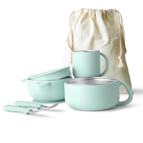 Image of Bakpoco Kids Dinnerware Set - 6 Piese Toddler Plates and Suction Bowls Set with Kids Utensils&Cup, 2 IN 1 Stainless Steel & Silicone Baby Self Feeding Supplies, Sage