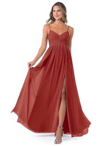 Women's V Neck Bridesmaid Dreses Long for Wedding A-Line Chiffon Open Back Formal Gown with Pockets