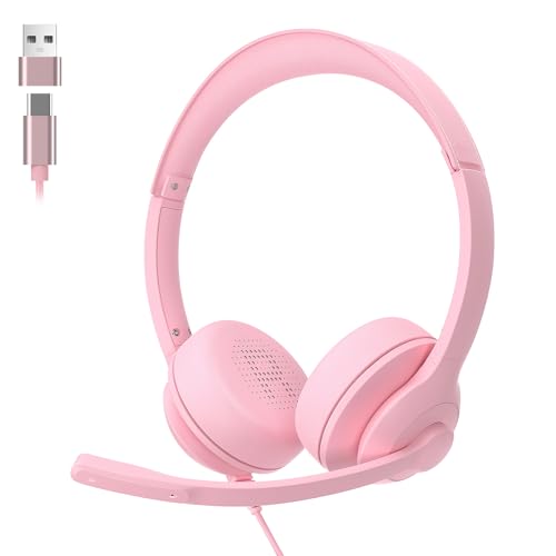 USB-C/USB-A Wired Headset with Noise Cancelling Microphone | On-Ear Office Headphones for PC/Laptop | Mute Button & All-Day Comfort for Call Center, Video Conferencing, Remote Work,Online Class-Pink