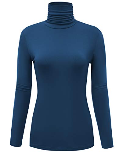 AUHEGN Women's Long Sleeve Lightweight Turtleneck Top Slim Fit Pullover T-Shirt S-XXL (Large, Blue)