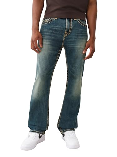 True Religion Men's Bobby Super T Flap Jeans – Relaxed Bootcut Denim with Contrast Stitching & Back Flap Pockets