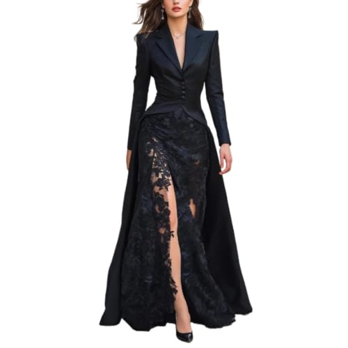 black lace-panel slit maxi dress