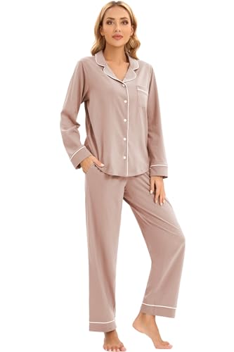 Image of LUBOT 100% Cotton Pajamas for Women Pajama Set Soft 2 Piece Sleepwear PJ Set Long Sleeve Knit Button Cozy Loungewear XS-XXL
