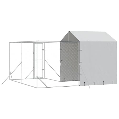 vidaXL Outdoor Hundezwinger, Hundehütte mit Dach, Hundekäfig für den Außenbereich, Hühnerstall Hundezaun Hundeauslauf, Silbern Verzinkter Stahl