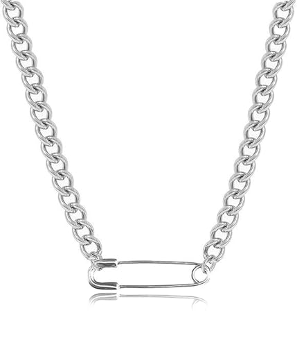 Safety Pin Necklace for Women Mens Silver Chain Saftey Pin Personalized Necklace Cute Dainty Girlfriend Cheap Punk Jewelry (Silver)