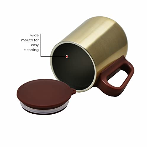 Image of DUBBLIN Rugby Stainless Steel Unbreakable Tea Coffee Mug Double Wall with Handle and Lid, Wide Mouth Mug Keeps Beverages Hot & Cold 270 ML Golden