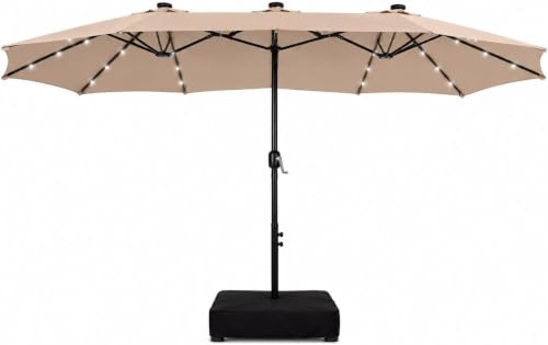 PHI VILLA 15ft Large Patio Umbrella with Base&Solar Lights Rectangle Beige