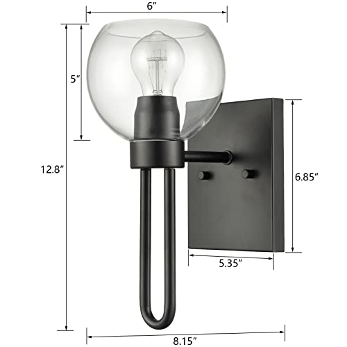 Image of Clear Glass Globe Wall Sconce Modern Matte Black Glass Sconce Light 1-Light Globe Wall Light Fixture for Bathroom Hallway Bedroom
