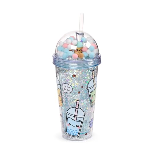 Puckator Foodiemals Bubble Tea Double Walled Cup & Straw with Charms - Insulated Tumbler - Cups with Lids and Straws for Adults Children - Travel Thermal Cup with Straw - Water Bottles with Staw