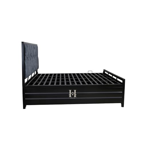 Image of Furniture Hydraulic Storage Bed Queen Size | Heavy Duty Metal Double Bed Cot with Box Storage | Iron Platform Bed Frame | Without Mattress | Black Matte (Queen Size 6X5)