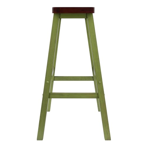 Image of Winsome Satori Saddle Seat 29in Bar Stool, Rustic Green and Walnut