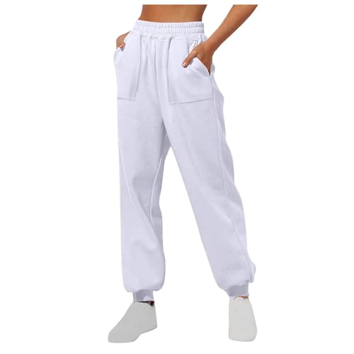 Women's Fall Sweatpants Casual Solid Elastic Waist Athletic Jogger Pants Baggy Workout Running Trousers with Pockets White