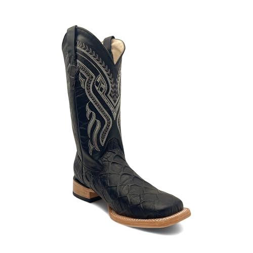 Men’s Leather Western Boot Pirarucu Fish Print Square Toe Mid Calf